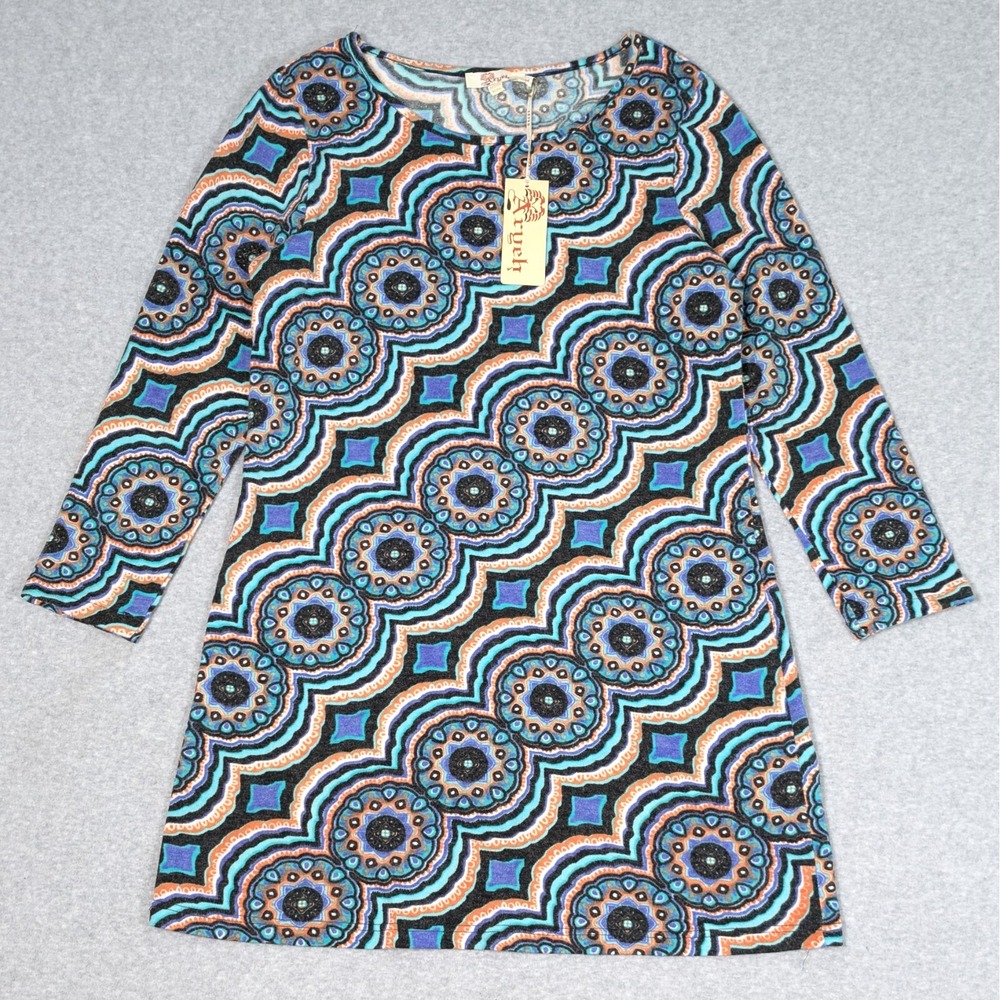 ARYEH Geometric Print Short Shift Dress Womens Size Large Black/Teal New